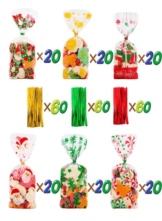 VEYLIN 120Pcs Christmas Cellophane Goody Bags, Xmas Cello candy Bags with Ties for Holiday Party Favors - Image 2